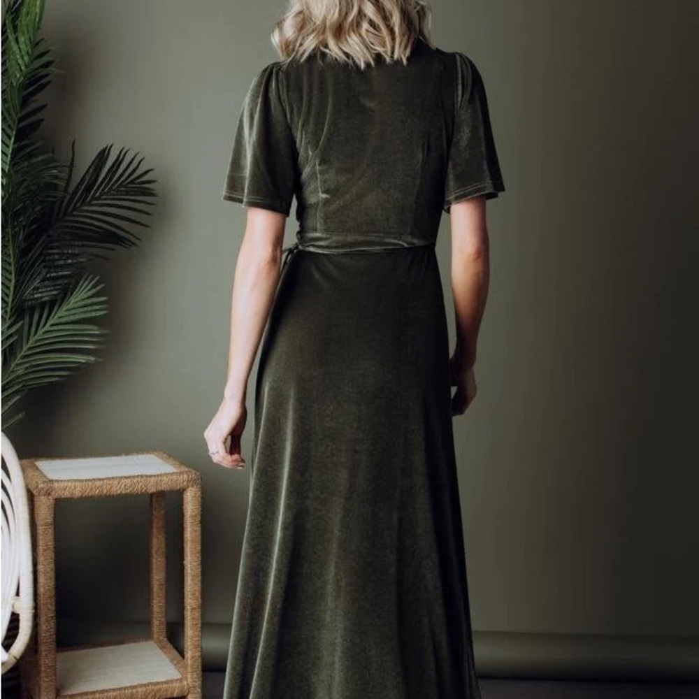 Olive Green Velvet Wrap Dress - Women - Picture 4 of 11